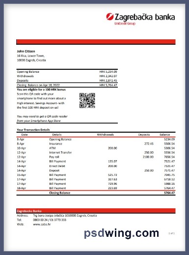 Croatia Zagrebacka Bank Statement (Excel)